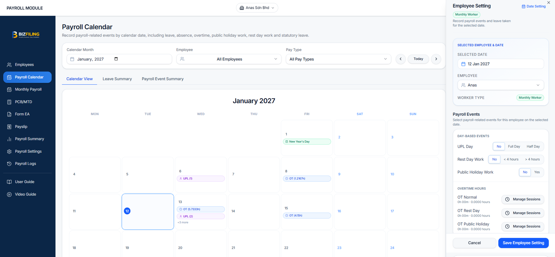 AAS BizFiling Payroll Calendar showing leave, overtime, rest day work and public holiday work records for January 2027